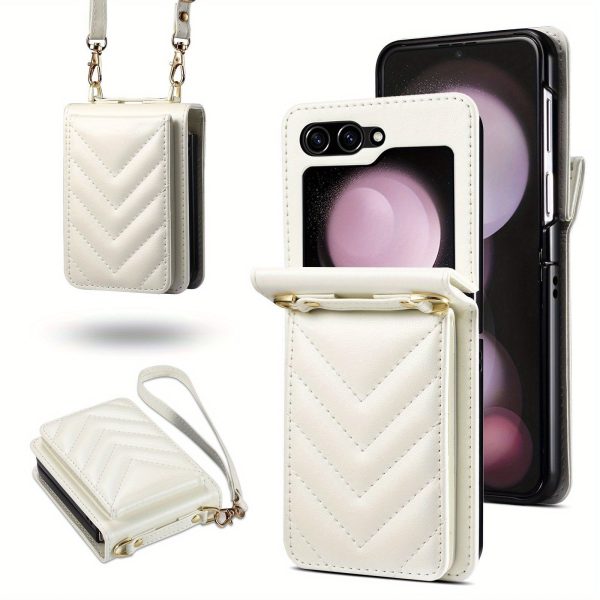 Small Fragrance Wind Suitable for Samsung Z Flip6 Mobile Phone Case Foldable Faux Leather Case with Crossbody Strap European and American Style - Image 6