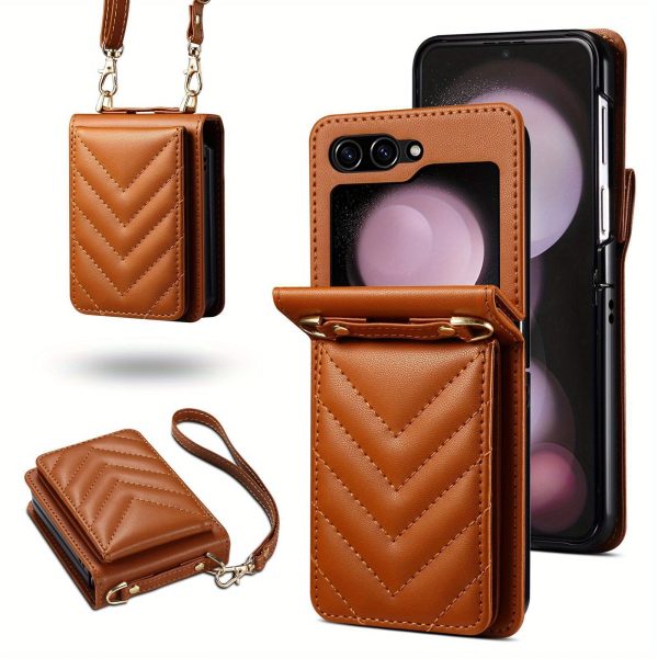 Small Fragrance Wind Suitable for Samsung Z Flip6 Mobile Phone Case Foldable Faux Leather Case with Crossbody Strap European and American Style - Image 3