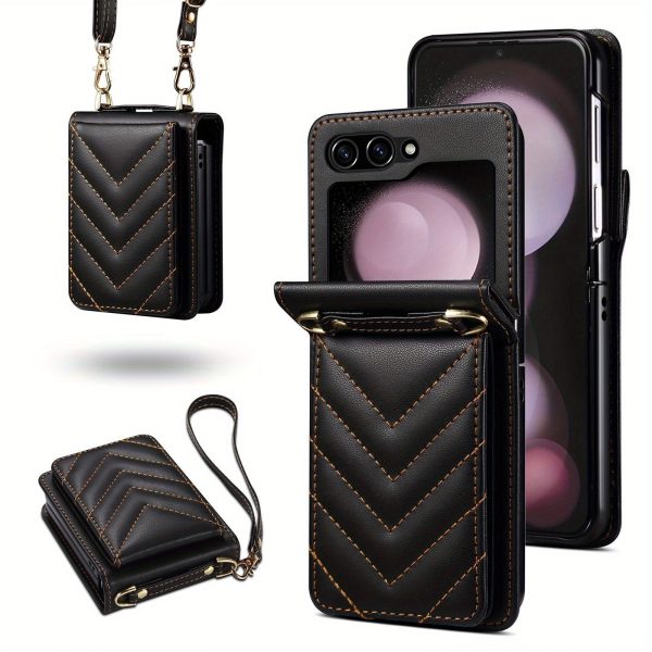 Small Fragrance Wind Suitable for Samsung Z Flip6 Mobile Phone Case Foldable Faux Leather Case with Crossbody Strap European and American Style - Image 5