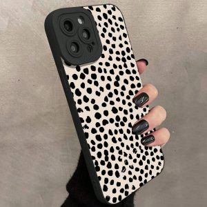 A Custom Full Cover TPU Case with a Black Polka Dot Design for Iphone Models 16, 15, 14, 13, 12, 11 Pro Max, And Xs.