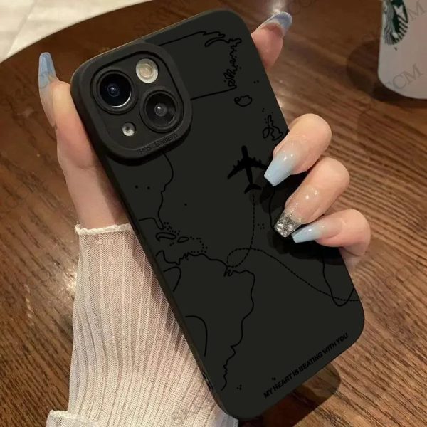 1pc Phone Case with Angel Black Eye Airplane Route Pattern for iPhone 16 15 14 13 12 11 Pro Max 12 Mini 7 8 Plus X XR XS Max Matte Protective Case
