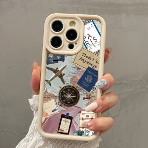 A Mobile Phone Case Featuring a White Airplane, Compass, And Map Design, Designed to Be Drop-Proof And Compatible with Various Apple Models Including The Iphone 15 Series And Earlier Versions.