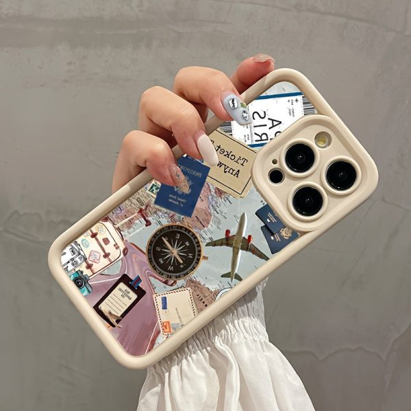 A Mobile Phone Case Featuring a White Airplane, Compass, And Map Design, Designed to Be Drop-Proof And Compatible with Various Apple Models Including The Iphone 15 Series And Earlier Versions. - Image 4