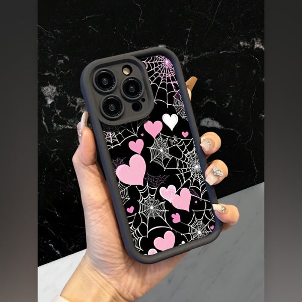 for Apple 16Pro Max, 16 Plus, 16, 16 Pro, 15 Pro Max, 15 Pro, 15 Plus, 15, 14, 14 Plus, 14 Pro, 14 Pro Max, 13, 13 Pro, 13 Pro Max, 12, 12 Pro, 12 Pro Max, 11, 11 Pro, 11 Pro Max Pink and White Cobweb Black Matte Anti-Drop All-Inclusive Case - Image 4