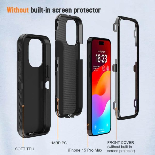 Durable phone case designed for iPhone 16/15/14/13/12/11 series, including Pro and Pro Max. This 3-in-1 heavy-duty phone case comes with 2pcs anti-peep privacy screen protectors to prevent scratches. - Image 2
