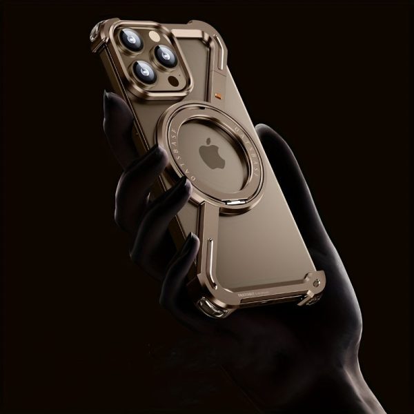 A Minimalist Phone Case Compatible With The 6.7-inch IPhone 16 Pro Max, Featuring A 360° Rotating Aluminum Stand, A Golden Frameless Z-shaped Design, Protective Shockproof Outer Shell, Made Of Natural Titanium. - Image 5
