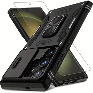 1 Pack Case For Samsung Galaxy S24 Ultra With Rotated Ring Stand, Slide Camera Cover + Screen Protector, Shockproof - Black