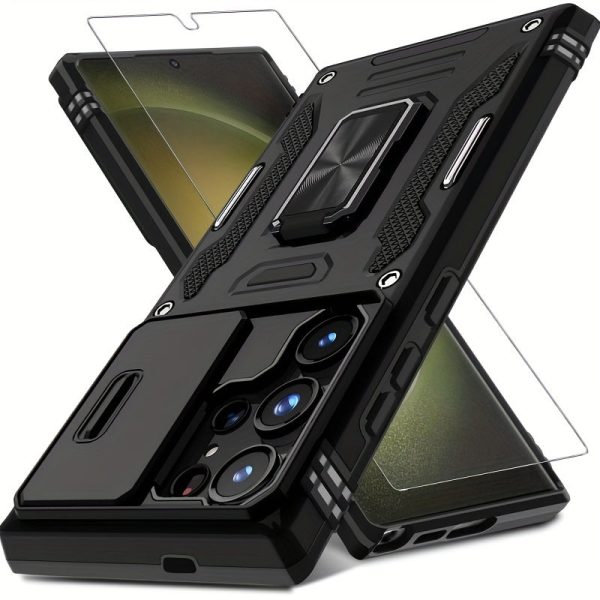 1 Pack Case For Samsung Galaxy S24 Ultra With Rotated Ring Stand, Slide Camera Cover + Screen Protector, Shockproof - Black