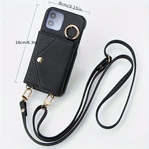 Synthetic Faux Leather Phone Case for Iphone 15, 14 Plus, 13, 12, And 11 Pro Max, Featuring a Long Lanyard Crossbody Bag, Shock-Absorbing Cover, And Mirror.