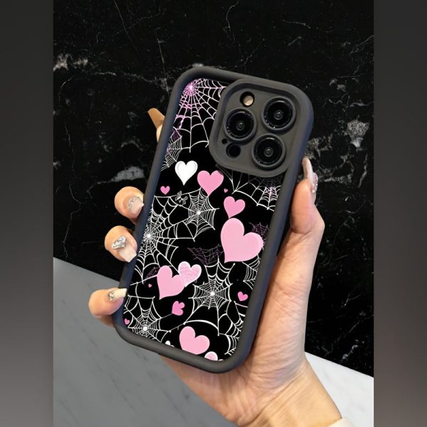 for Apple 16Pro Max, 16 Plus, 16, 16 Pro, 15 Pro Max, 15 Pro, 15 Plus, 15, 14, 14 Plus, 14 Pro, 14 Pro Max, 13, 13 Pro, 13 Pro Max, 12, 12 Pro, 12 Pro Max, 11, 11 Pro, 11 Pro Max Pink and White Cobweb Black Matte Anti-Drop All-Inclusive Case - Image 2