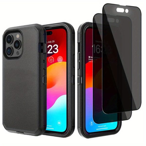 Durable phone case designed for iPhone 16/15/14/13/12/11 series, including Pro and Pro Max. This 3-in-1 heavy-duty phone case comes with 2pcs anti-peep privacy screen protectors to prevent scratches. - Image 5
