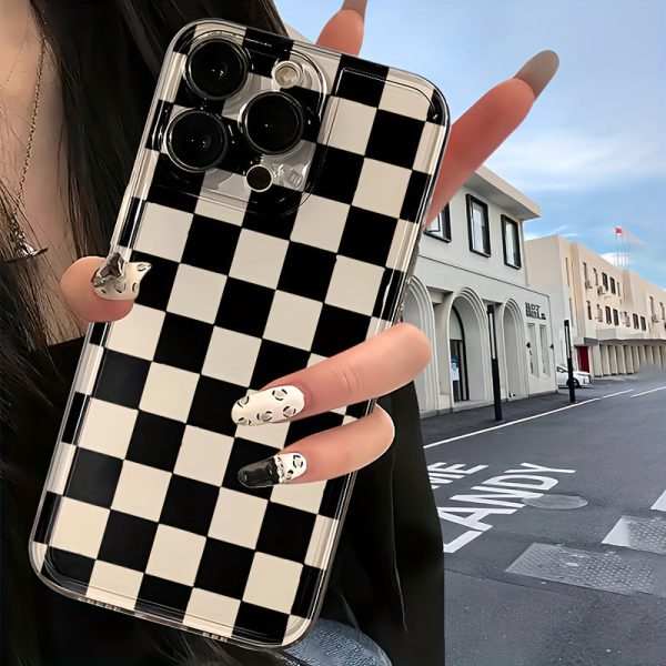 A Fashionable Black Grid Transparent TPU Full-Body Shock-Resistant Phone Cover, Suitable for Apple Iphone Models 16, 15, 14, 13, 12, 11, XR, Pro, Plus, And Pro Max.