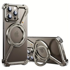 A Minimalist Phone Case Compatible With The 6.7-inch IPhone 16 Pro Max, Featuring A 360° Rotating Aluminum Stand, A Golden Frameless Z-shaped Design, Protective Shockproof Outer Shell, Made Of Natural Titanium.