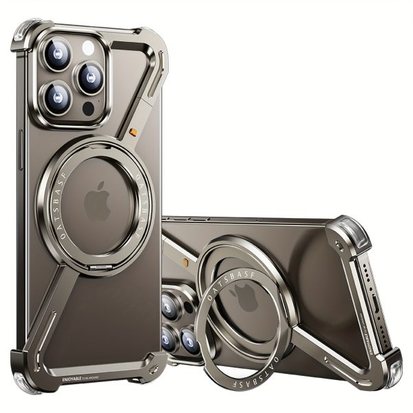 A Minimalist Phone Case Compatible With The 6.7-inch IPhone 16 Pro Max, Featuring A 360° Rotating Aluminum Stand, A Golden Frameless Z-shaped Design, Protective Shockproof Outer Shell, Made Of Natural Titanium.