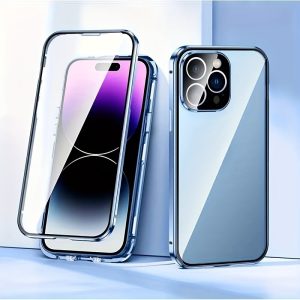 Privacy Screen Magnetic Phone Case for iPhone 16/15/14/13/12 Pro Max PLUS - Transparent Back, Metal Frame, Dual-Sided Privacy Tempered Glass, Anti-Peep