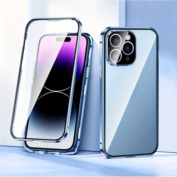 Privacy Screen Magnetic Phone Case for iPhone 16/15/14/13/12 Pro Max PLUS - Transparent Back, Metal Frame, Dual-Sided Privacy Tempered Glass, Anti-Peep