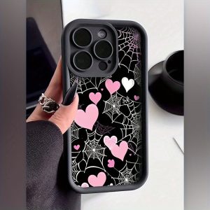 for Apple 16Pro Max, 16 Plus, 16, 16 Pro, 15 Pro Max, 15 Pro, 15 Plus, 15, 14, 14 Plus, 14 Pro, 14 Pro Max, 13, 13 Pro, 13 Pro Max, 12, 12 Pro, 12 Pro Max, 11, 11 Pro, 11 Pro Max Pink and White Cobweb Black Matte Anti-Drop All-Inclusive Case