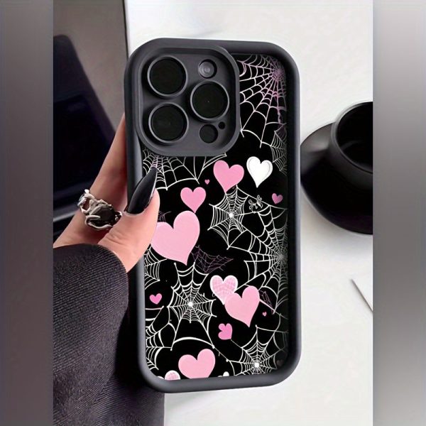for Apple 16Pro Max, 16 Plus, 16, 16 Pro, 15 Pro Max, 15 Pro, 15 Plus, 15, 14, 14 Plus, 14 Pro, 14 Pro Max, 13, 13 Pro, 13 Pro Max, 12, 12 Pro, 12 Pro Max, 11, 11 Pro, 11 Pro Max Pink and White Cobweb Black Matte Anti-Drop All-Inclusive Case