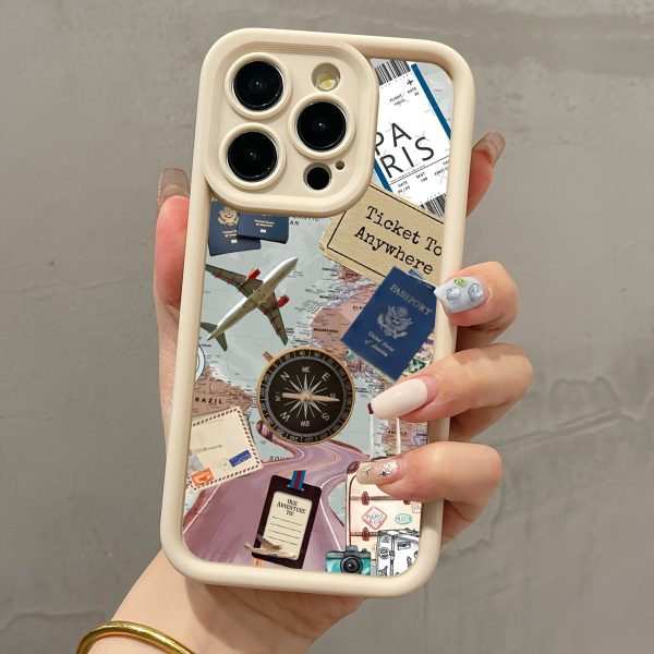 A Mobile Phone Case Featuring a White Airplane, Compass, And Map Design, Designed to Be Drop-Proof And Compatible with Various Apple Models Including The Iphone 15 Series And Earlier Versions. - Image 2