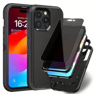 Durable phone case designed for iPhone 16/15/14/13/12/11 series, including Pro and Pro Max. This 3-in-1 heavy-duty phone case comes with 2pcs anti-peep privacy screen protectors to prevent scratches.