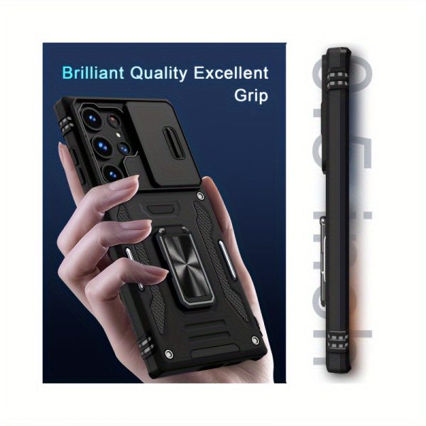 1 Pack Case For Samsung Galaxy S24 Ultra With Rotated Ring Stand, Slide Camera Cover + Screen Protector, Shockproof - Black - Image 2